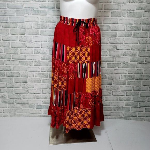 Vintage Carole Little XL Full Sweep Midi Skirt Bright Patchwork Contrast Print - Picture 1 of 5